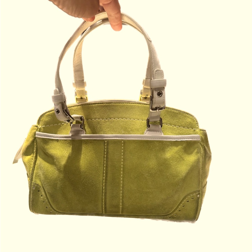 Coach suede hand bag in lime green. 8in X 12in